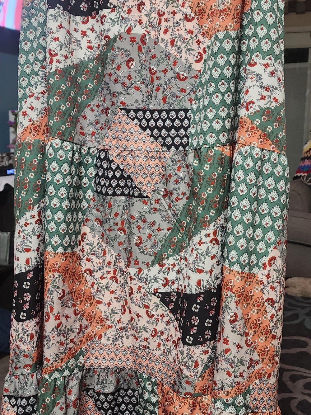 Bohemian Patchwork Floral Maxi Skirt - Green/Orange/Black Sz XL